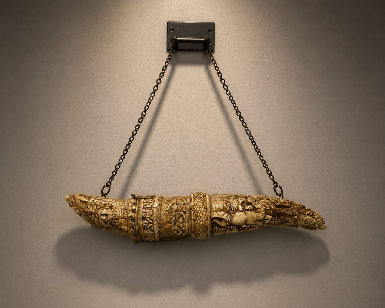 Hanging Islamic handcarved Camelbone Gun Powder Flask.